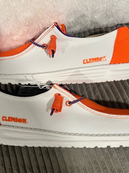 Hey Dude Shoes - Hey Dude Women's White Canvas Slip-Ons with Orange Accents